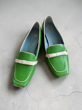 FRANCES VALENTINE Green Leather Bow Loafers Flats Size 7